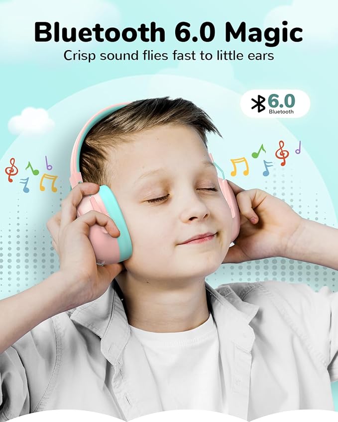 Kids Safety Earmuff Bluetooth 6.0, 29dB SNR Noise Reduction 94dB Lock Noise Cancelling Headphones (Pink)