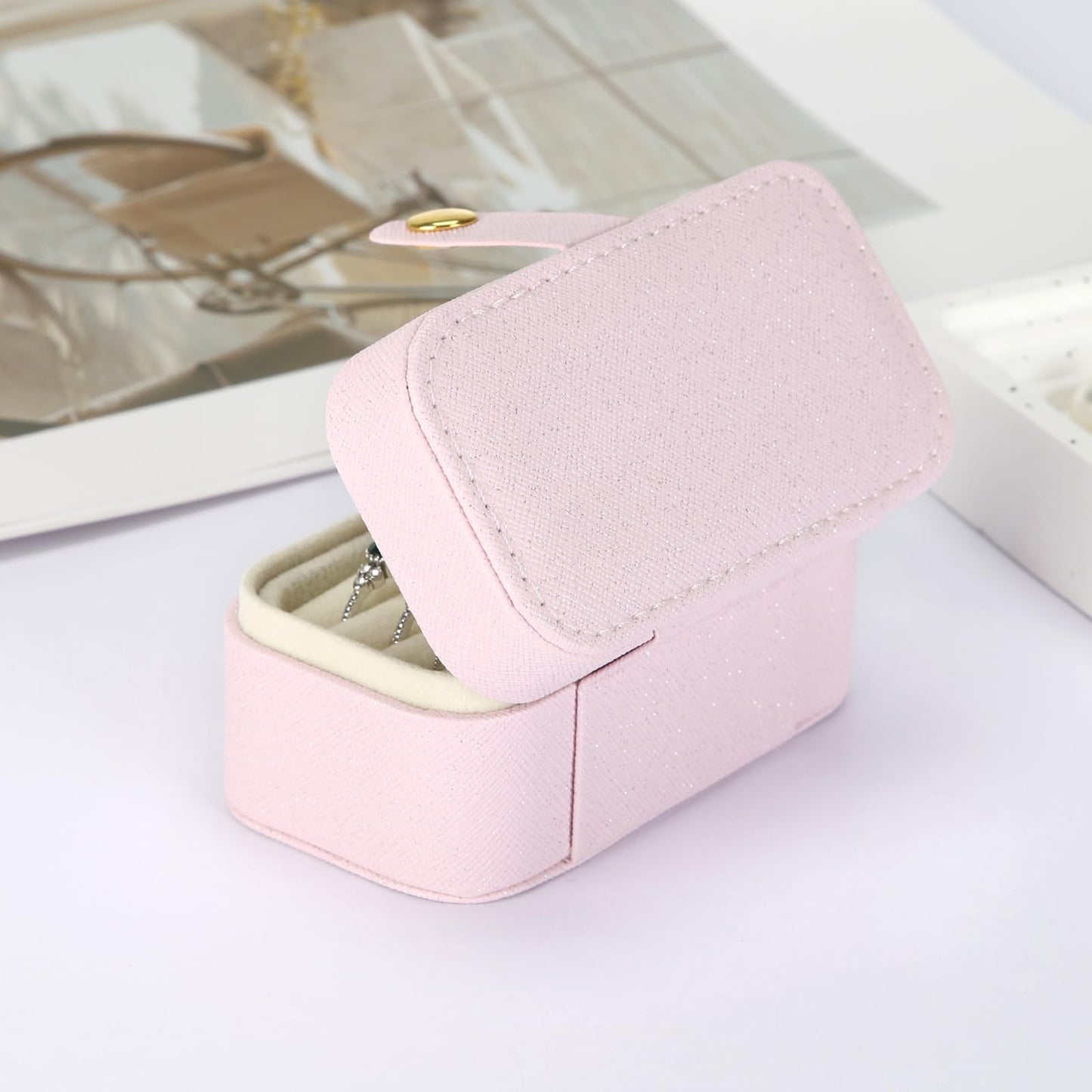 KUKUVR Small Travel Jewelry Box, Mini Jewelry Holder for Multiple Rings Necklace Earrings Lipstick, Portable Jewelry Storage Organizer Case with Removable Ring Slot (PINK)