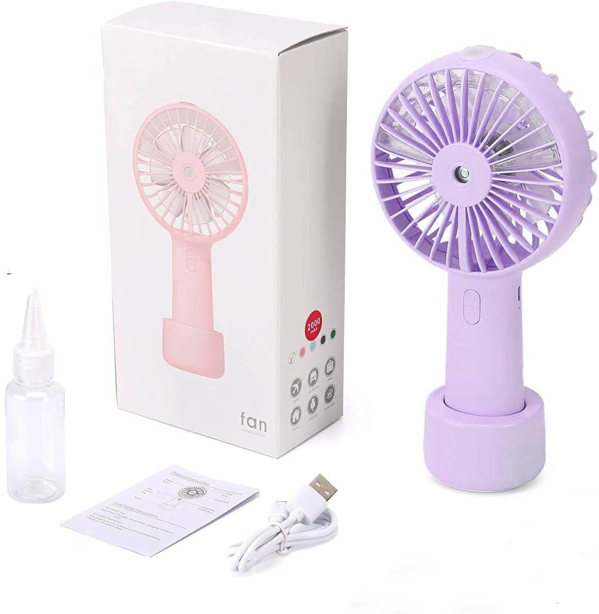 Portable Hand held Misting Fan, Small Personal USB Rechargeable Battery Operated Spray Fan Mister with 20ml Water Tank Mist Lash Quiet 3 Speed Strong Cooling Wind for Travel Office Outdoors purple