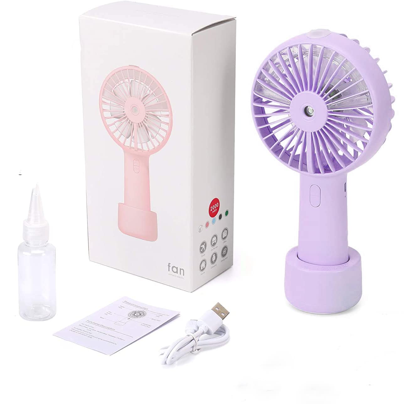 Portable Hand held Misting Fan, Small Personal USB Rechargeable Battery Operated Spray Fan Mister with 20ml Water Tank Mist Lash Quiet 3 Speed Strong Cooling Wind for Travel Office Outdoors purple