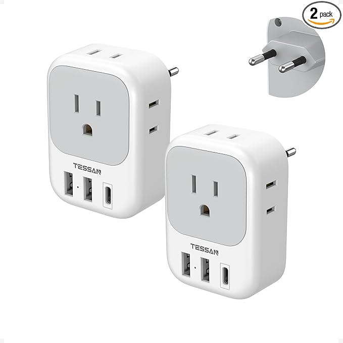 2 Pack European Plug Adapter USB C, TESSAN US to Europe Adapter 4 Outlets 3 USB Charger, Type C International Power Adaptor to Italy Spain France Portugal Iceland Germany, Europe Travel Essentials