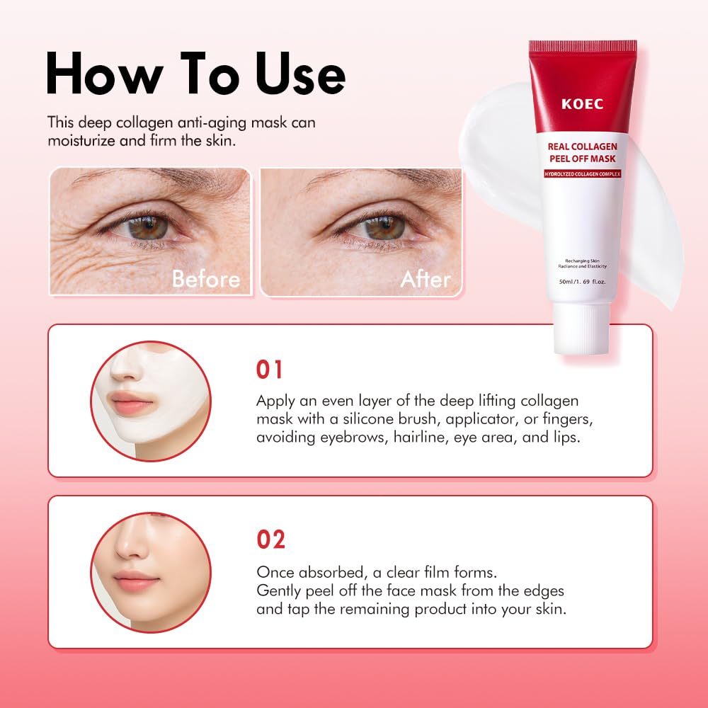 KOEC Real Collagen Peel Off Face Mask Collagen Overnight Wrapping Facial Mask,Deep Hydrating,Restores Elasticity,and Refine Pores,Hydrolyzed Collagen with 500 DA for Glass Glow Skin,1.69 fl.oz