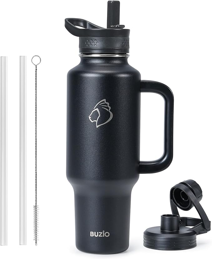 BUZIO Insulated Water Bottle with Handle & Flip Straw, 40oz Metal Travel Tumbler Fits in Cup Holders, Dishwasher Safe Leakproof Reusable Sport Mug, Gift for Women & Men, Keep Cold for 48hrs, Black
