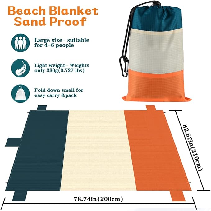 Beach Blanket Sand Proof, 78"x82“ Extra Large Sand Free Beach Mat for 4-6 Adults, Lightweight Waterproof Outdoor Blanket for Beach, Picnic, Camping, Travel