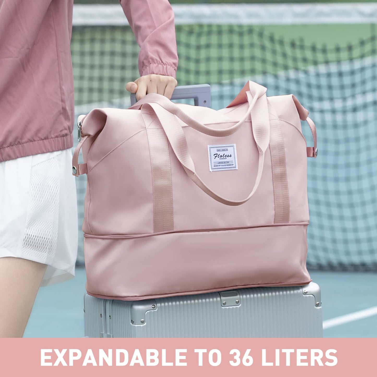 Foldie Large Travel Tote Bag, Waterproof Expandable Personal Item Duffel Gym Bag,Weekender Carry On Overnight Bags for Women Airplanes with Trolley Sleeve Wet Pocket,travel duffel bags,Pink