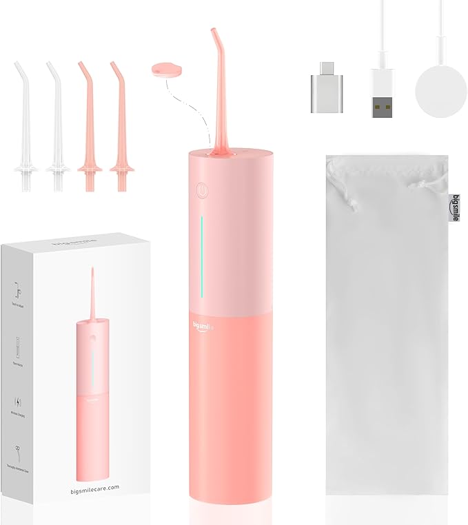 Bigsmile Pink Water Flosser Powerful Cordless Dental Irrigator for Kid Braces Travel Shower to Help Prevent Infections and Bad Breath Pick Floss IPX7 200ML (Pink)