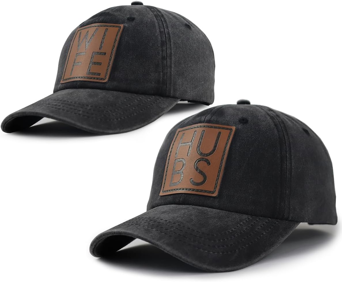 Mr and Mrs Gifts, Hubby Gifts for Men, Wifey Hat for Women, 2 PCS Honeymoon Hats, Just Married Gifts for Husband Wife Bride Groom, Adjustable Cotton Couple Baseball Cap Black