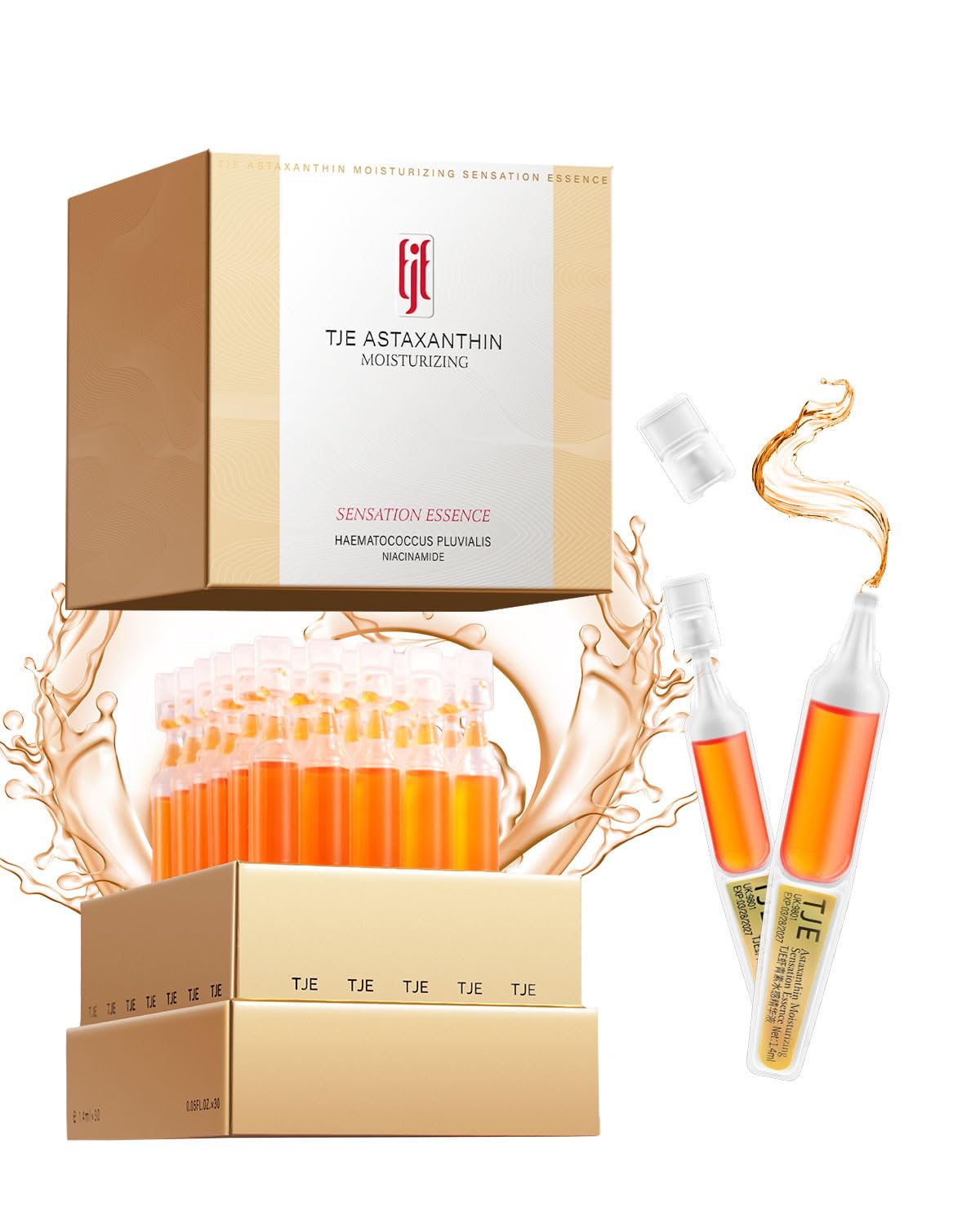 TJE Astaxanthin Serum for Face, Hyaluronic Acid Ampoules with Astaxanthin, Anti-Aging, Fine Lines, Boost Glow, Pore Minimizingm Antioxidant Nourishing Blend - 1.4ml*30pcs