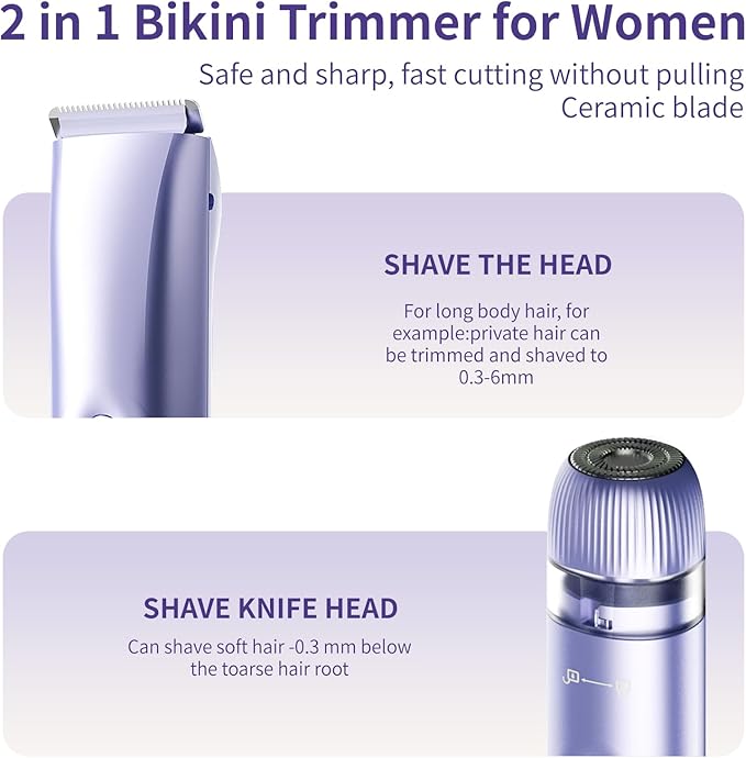 2-in-1 Electric Shaver & Bikini Trimmer for Women - Painless Electric Razor for Face,Body & Intimate Areas,Cordless Wet/Dry Shaver with Dual Blades,Waterproof for Shower&Travel (Lavender Purple)