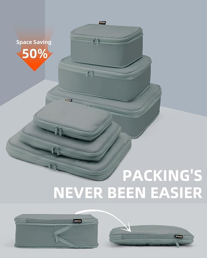 Compression Packing Bags, XL/L/M/S Travel Organizers (6 Set, Steel Blue)