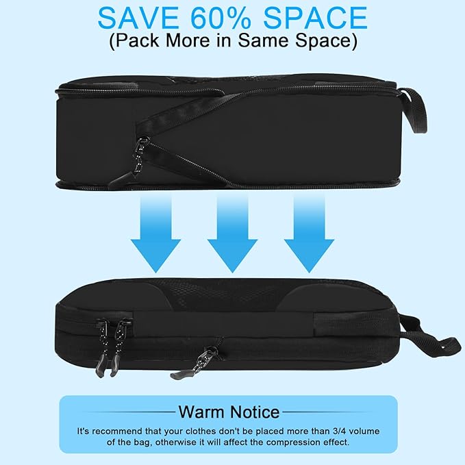 6 Set Compression Packing Cubes Bags for Travel Women, Compression Bags Organizer for Packing Luggage Space Saving, Suitcase Organizer Bags Set for Travel Essentials - Black