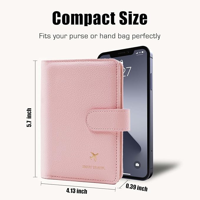 Cnycmy Passport Holder with RFID Blocking, Cash Pocket & Back Zipper Coin Pocket - Travel Document Holder, Magnetic Button, Multiple Card Slots - Soft PU Leather for Men and Women (PINK)