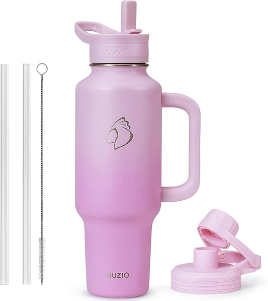 BUZIO 40 oz Water Bottle Fits in Cup Holder, Insulated Tumbler with Handle, Water Flask with Lid for Cold Hot, Sweat-Proof Wide Mouth Travel Mug for Sports, Gradient Purple