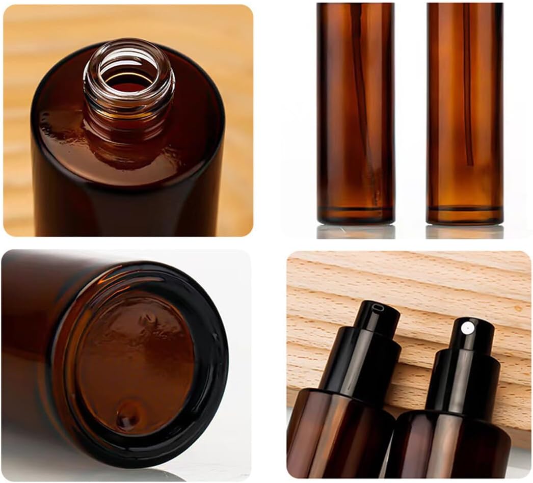 ASTRQLE 3 Pcs 60ml 2oz Amber Glass Pump Bottle - Travel Cream, Lotion, Mini Soap Dispenser, Cosmetic Bottle, Container, Vial, Jar for Shampoo, Essential Oil, Liquid Foundation