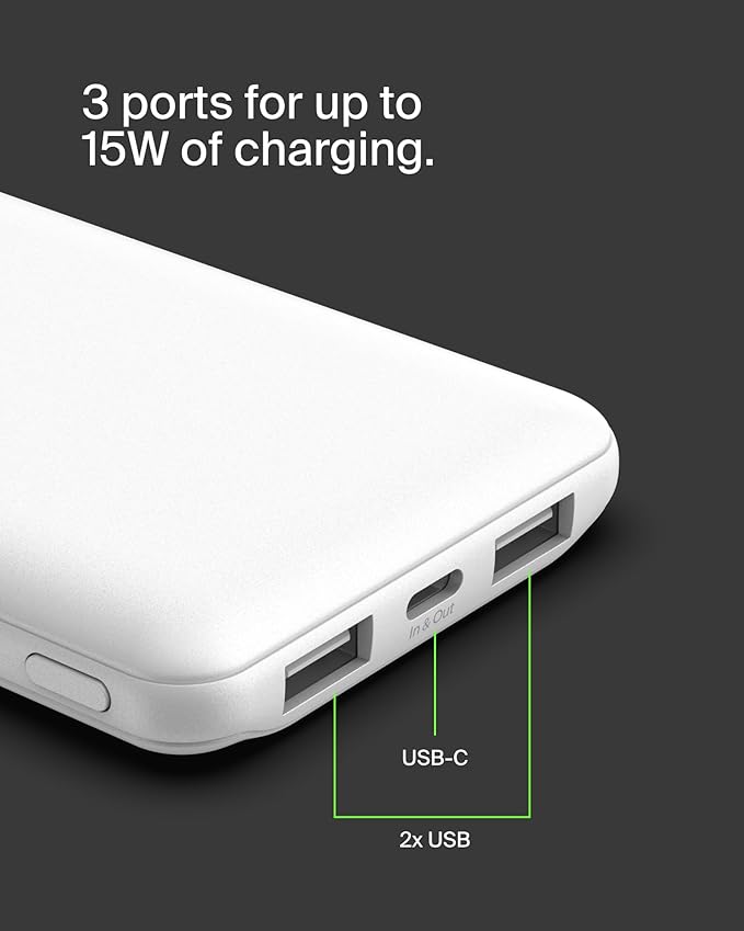 Belkin Portable Charger, USB-C Power Bank 10000 mAh w/ 1xUSB-C Port & 2xUSB-A Ports, 15W w/Type-C to Type-A Cable for iPhone 17, Samsung Galaxy S25, Nintendo Switch 2, Google Pixel 10, etc. - White