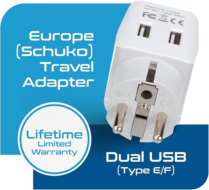 Ceptics Schuko, Germany, France, Spain Travel Adapter Plug with Dual USB - Usa Input Type E/F - Ultra Compact Perfect for Cell Phones, Laptop, Camera Chargers, iWatch, iPad, iPhone and More (CTU-9)