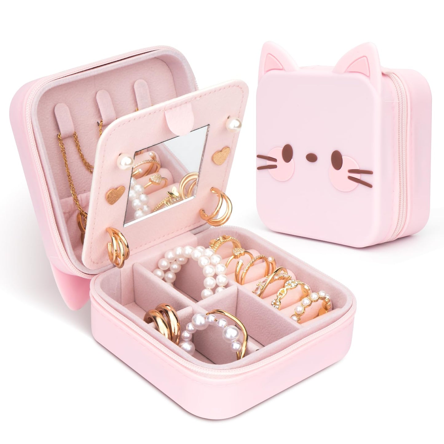 Tizuxa Cute Cat Travel Jewelry Case with Mirror, Silicone Portable Mini Small Jewelry Box Organizer for Women Girls Mom, Wedding, Birthday Gift - Pink
