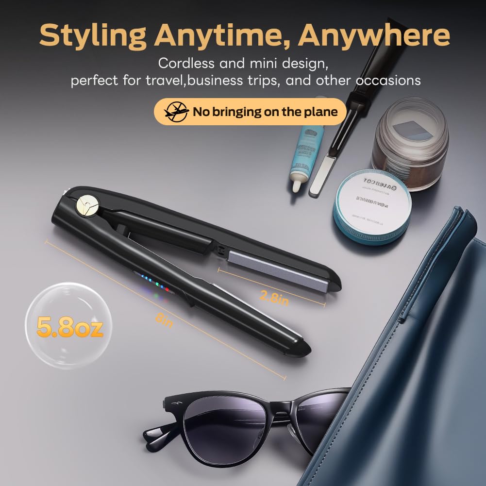 Cordless Hair Straightener and Curler 2 in 1 Ceramic Flat Iron Mini Cordless Portable Travel Hot Tools Straight Curl for Women Men USB Rechargeable with Pouch (Black)