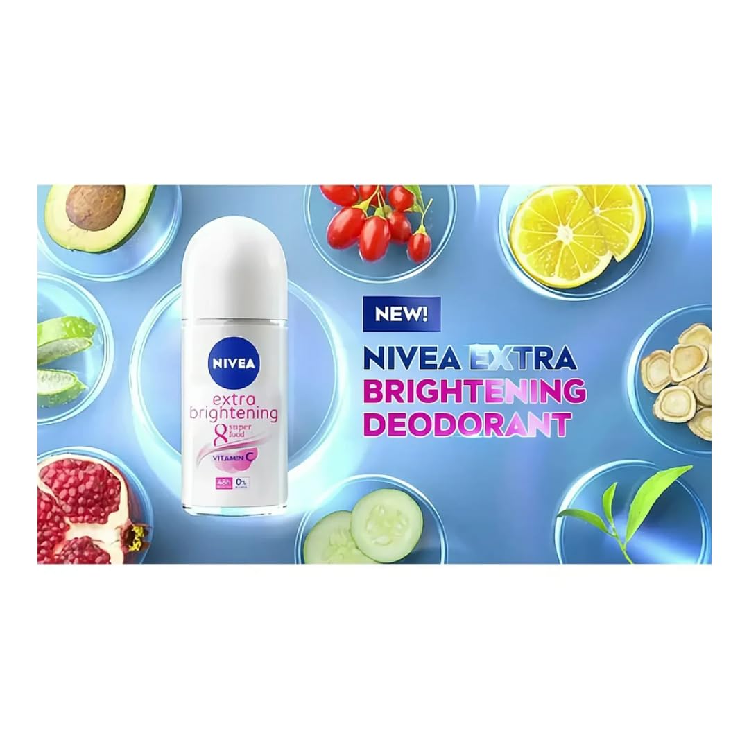 NIVEA Extra Brightening 8 Super Food Vitamin C Collagen Booster Underarm Roll-On Deodorant, Alcohol-Free, 48HR Odor Protection, Smooth & Bright Skin, 50ml, 1.69oz, Pack of 2