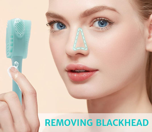 2 Pack Silicone Face Scrubber, 4 in 1 Facial Cleansing Brush, Handheld Face Wash Brush for Pore Cleansing, Gentle Exfoliating, Removing Blackhead, Blue and Pink