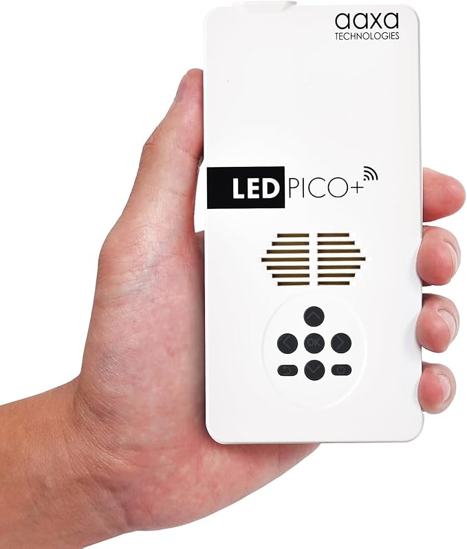 AAXA LED Pico+ MAX Mini Projector, 2.7 Hour Battery, DLP Native 1080P, Wireless Mirroring, Mini-HDMI, Media Player & Speakers, Bluetooth, Micro SD/USB, Pocket Size Portable Movie/Cookie Projector