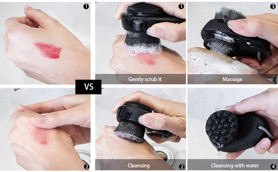 Beomeen 2 Pack Facial Cleansing Brush 2 in 1 for Face Exfoliation, Soft Bamboo Charcoal Microfiber Bristle Dual Face Silicone Scrubber Brush for Pore Deep Cleansing Skincare with Lid, Black+Gradient