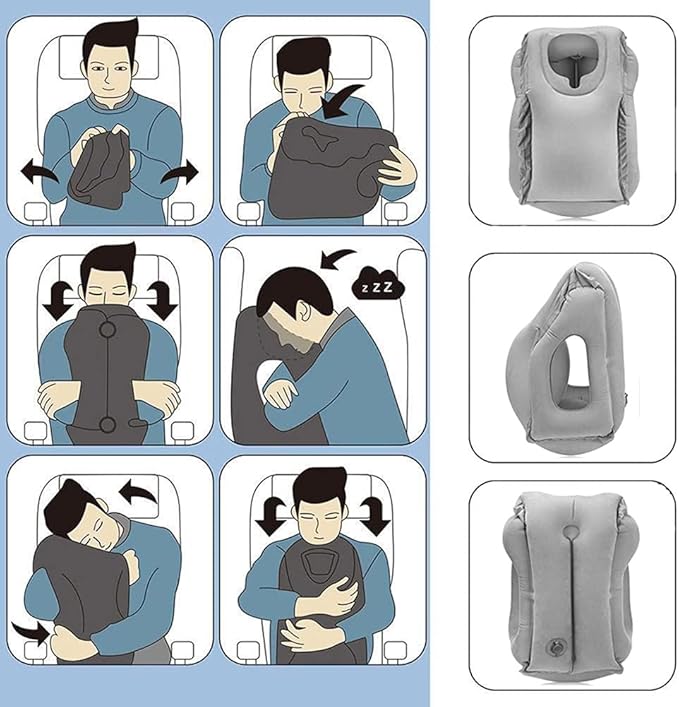 Inflatable Travel Pillow, Airplane Neck Pillow for Sleeping, Supports Head and Chin for Airplanes,Trains,Cars and Office Napping with 3D Eye Mask and Earplugs and Portable Drawstring Bag