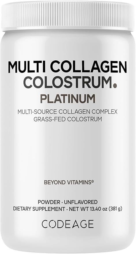Codeage Multi Collagen Colostrum Powder Platinum - Hydrolyzed Grass-Fed Bovine Collagen Peptides, Grass-Fed Bovine Colostrum Supplement, Vitamin C, Biotin, Hyaluronic Acid, Lactoferrin - 13.4 Oz.
