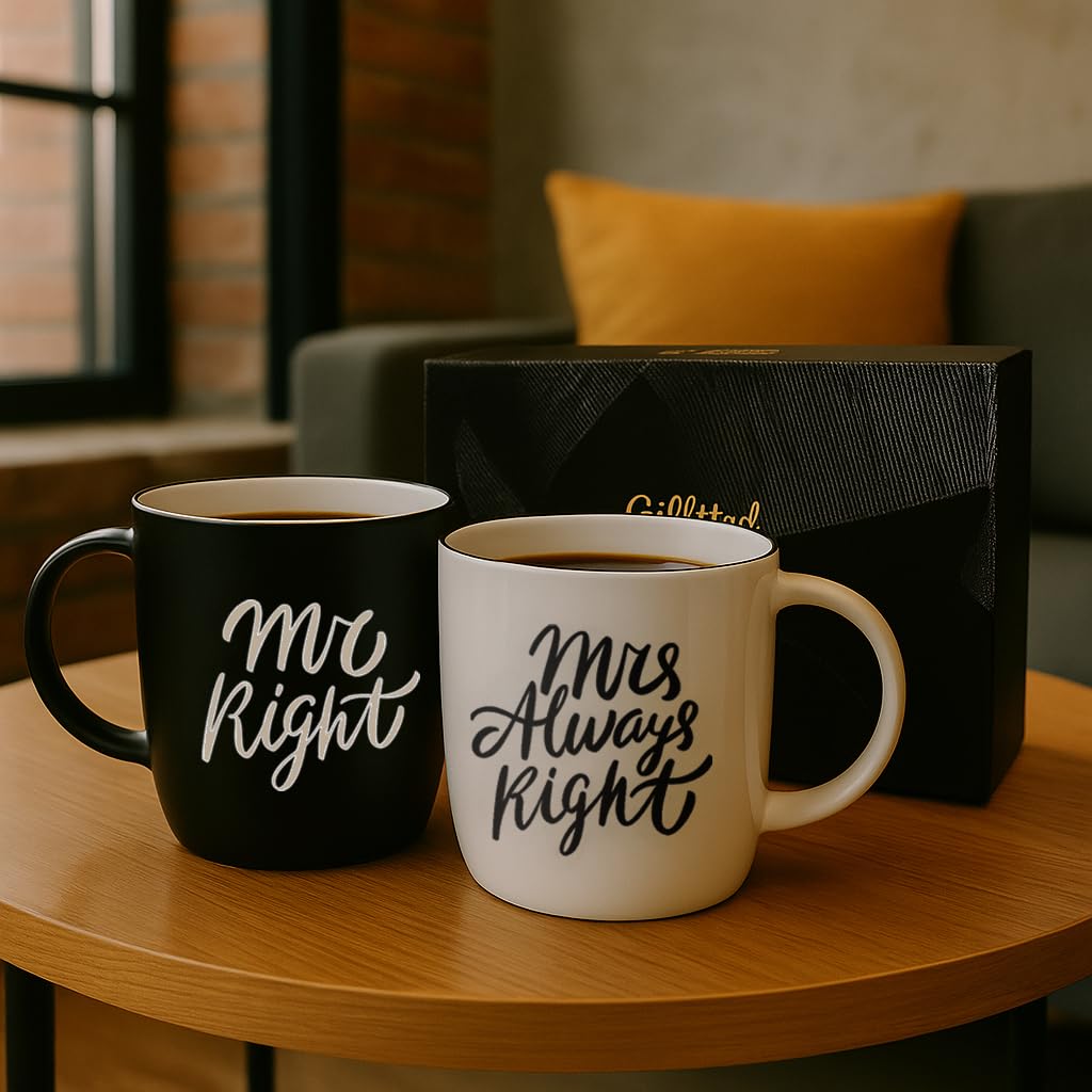 Triple Gifffted Mr Right Mrs Always Right Coffee Mugs Gifts Ideas for Couples, Wedding Anniversary, Engagement, Christmas, His & Hers, Bride and Groom, Parents, Newlyweds Bridal Shower, Ceramic 380ml
