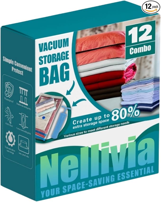 12 Pack Vacuum Storage Bags with Hand Pump, Compression Space Saver for Comforter, Bedding, Blanket Storage, Vacuum Seal Bags for Clothing, Luggage Suitcase and Closet Organizer
