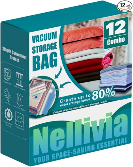 12 Pack Vacuum Storage Bags with Hand Pump, Compression Space Saver for Comforter, Bedding, Blanket Storage, Vacuum Seal Bags for Clothing, Luggage Suitcase and Closet Organizer