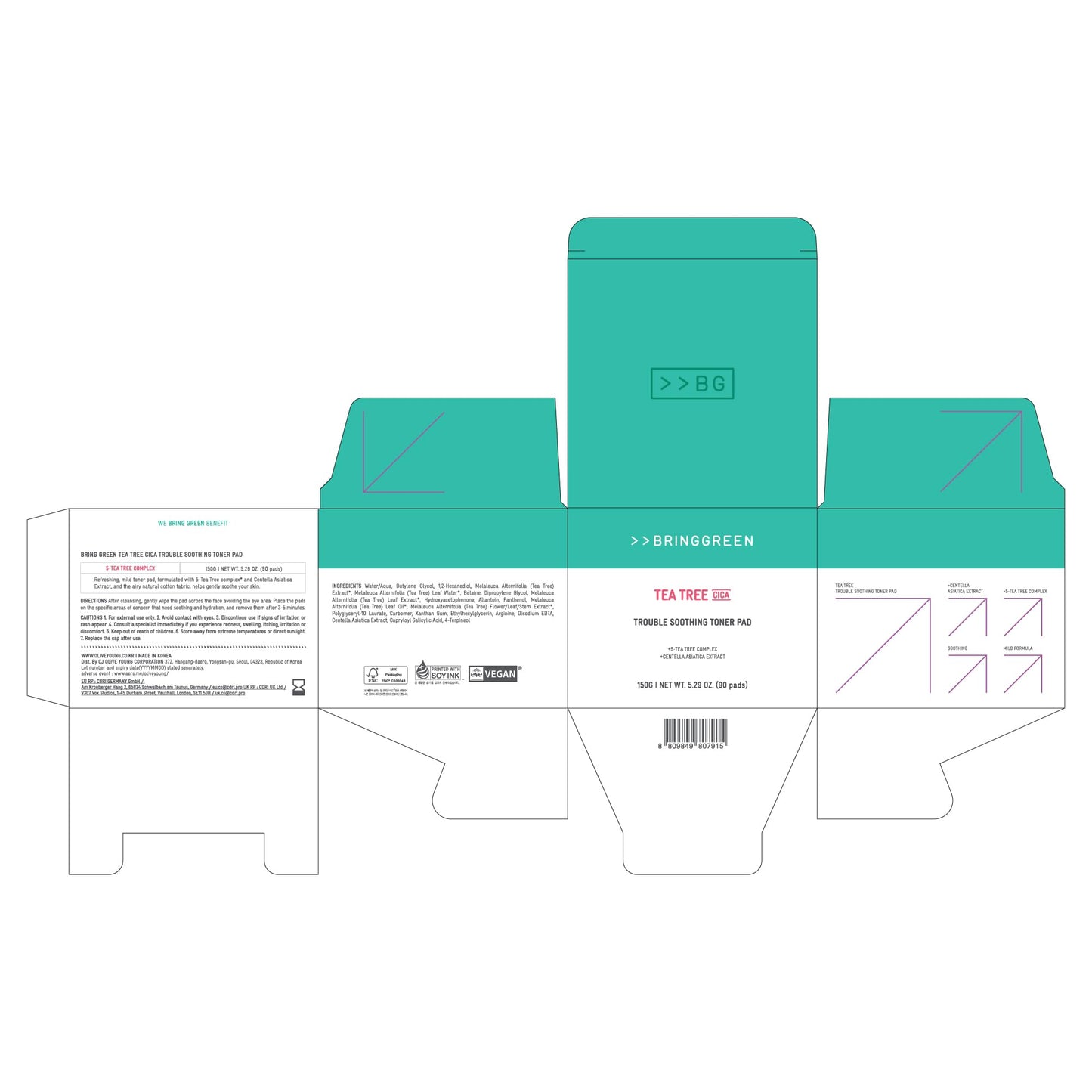 BRING GREEN Tea Tree CICA Soothing Toner PAD | Korean Daily Skincare Routine with Mild Formula, Cooling for Soothing and Hydrationg Effect, Vegan Certified Toner Pads 90 Count, 5.29 Fl. OZ.