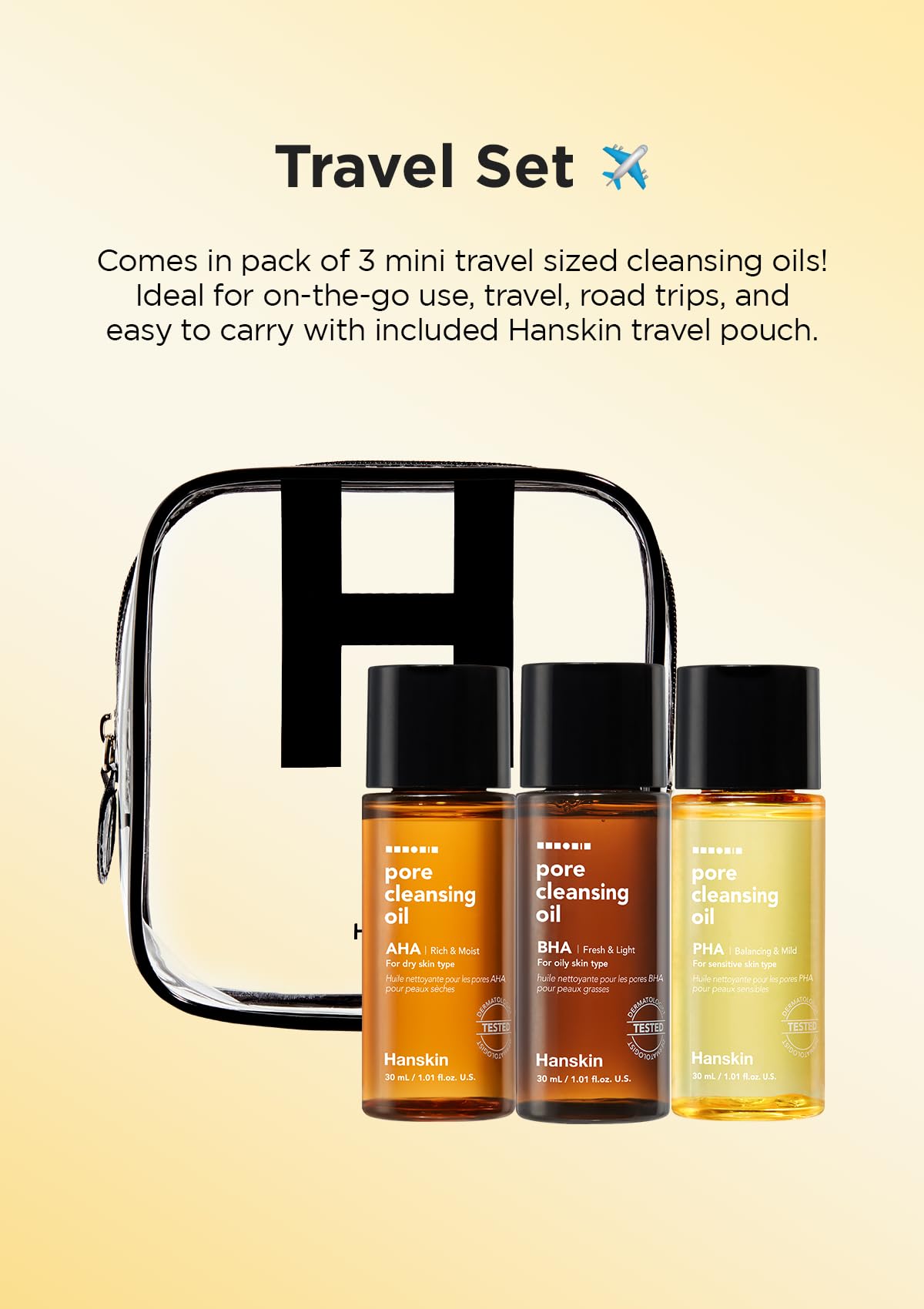 Hanskin PHA/BHA/AHA Trial Size Pore Cleansing Oil, Gentle Blackhead Cleanser and Makeup Remover for Combination and Oily Skin Travel Size Mini Makeup Remover Set [1 oz/Pack of 3]