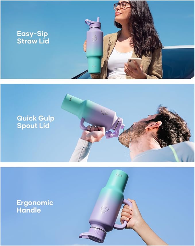 BUZIO Insulated Water Bottle Cup Holder Friendly, 40 oz Metal Travel Tumbler with Handle, Dishwasher Safe Thermo with Straw, Keep Cold for 48hrs, Dark Purple Green