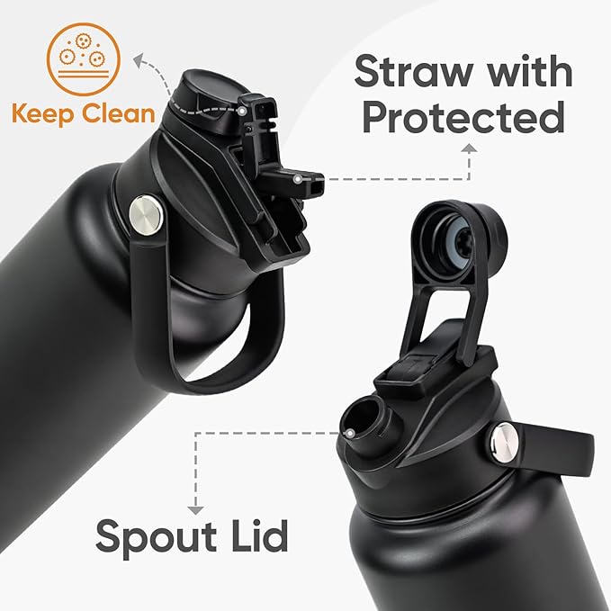 32 oz Insulated Water Bottle, 2-in-1 Lid, Straw & Spout with Protected, Leak Proof, Keep Cold, Stainless Steel, Metal, Reusable, Handle, for Outdoor, Gym and School, 2 Lids, Midnight Black