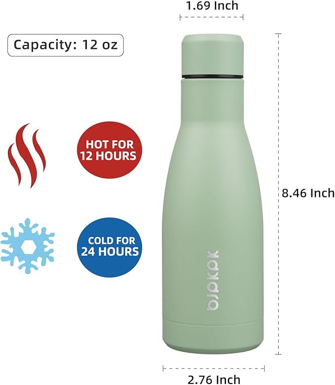 BJPKPK 12oz Water Bottles Stainless Steel Double Wall Vacuum Insulated Small Water Bottles for Travel,Macaron Green
