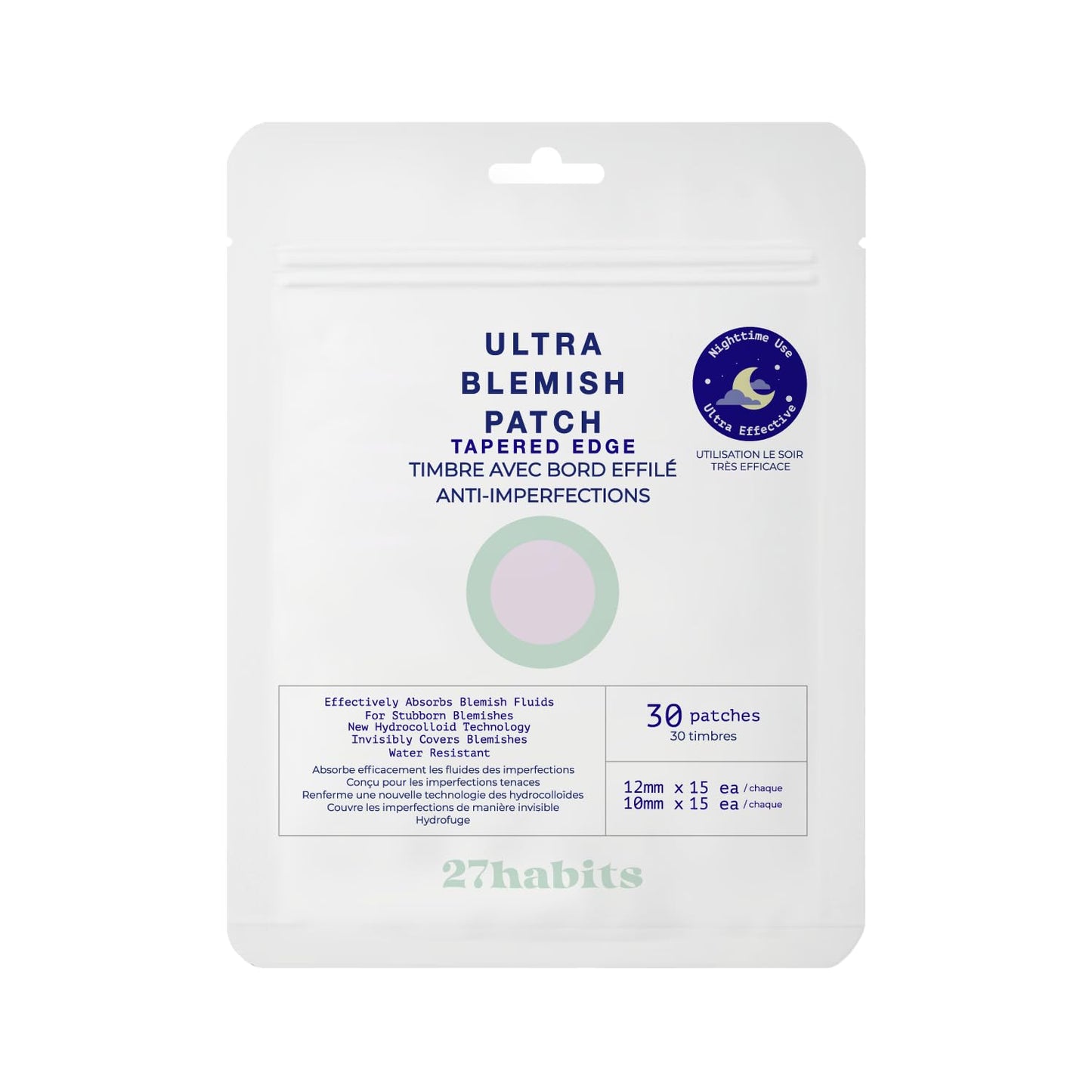 27habits ULTRA BLEMISH PATCH (30 patches) - protects and covers blemishes, made with eco-friendly packaging, fast absorbing hydrocolloid, tapered edge, Korean skincare
