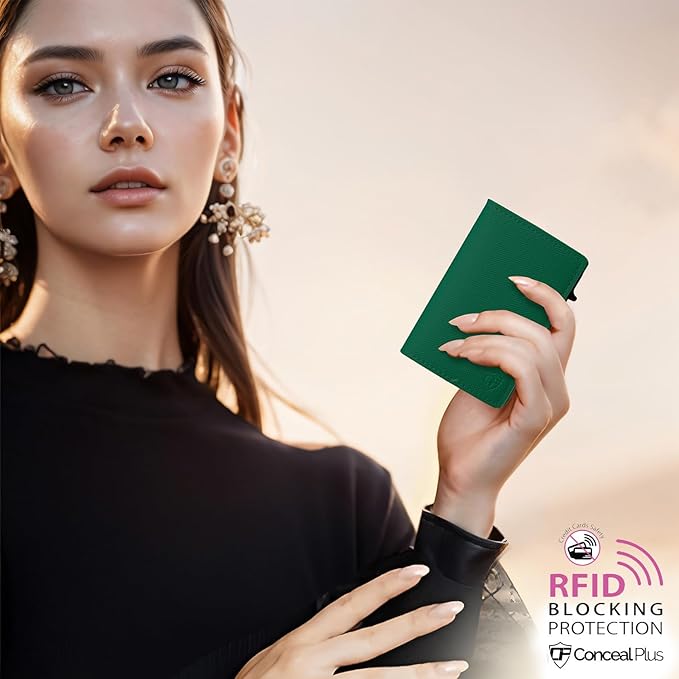 Card Blocr Womens Slim Wallet for Small Purses, Pop Up Wallet with Anti Theft RFID Blocking Credit Card Holder for Women in Green PU Saffiano Leather