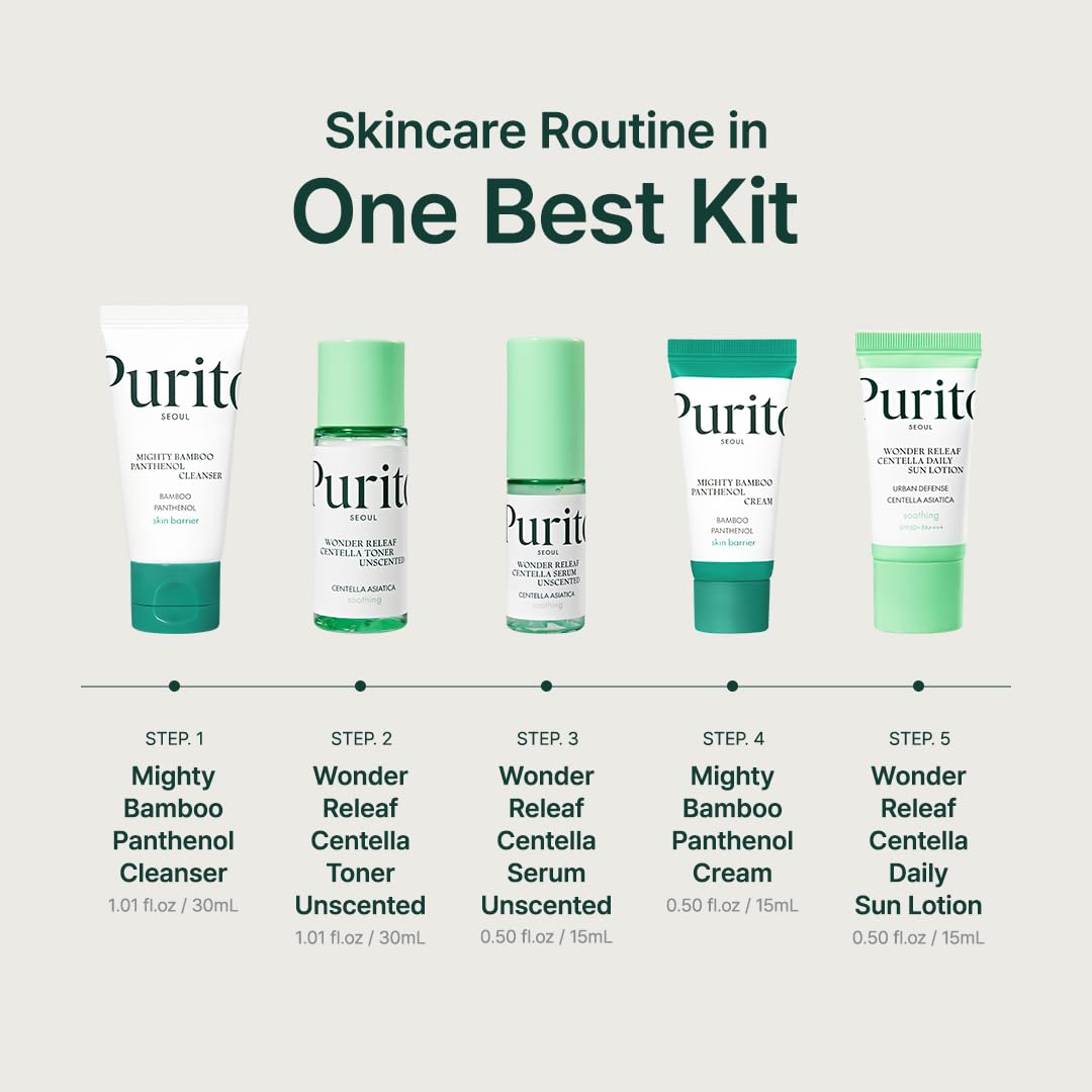 PURITO SEOUL Best Kit - Skincare Routine with Panthenol Cleanser & Cream, Unscented Centella Serum & Toner, For All Skin Types, Gift Set, For Face, Facial Serum, K-Beauty, 3.52 fl. oz.