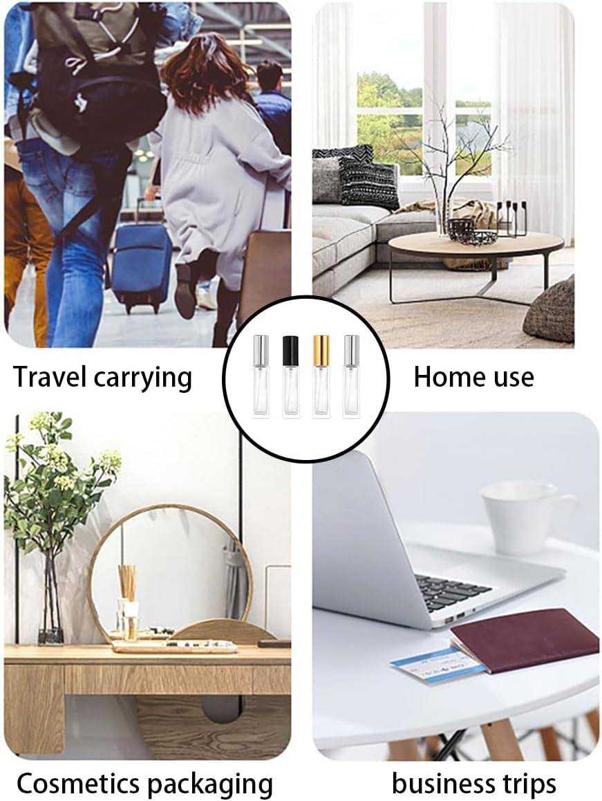 4 Pcs 10ML Transparent Glass Travel Refillable Mini Perfume Bottles Fine Mist Perfume Atomizer, Small Empty Sample Containers,For Perfume, Toner, Lotion(Gold/Sliver/Black Lid)