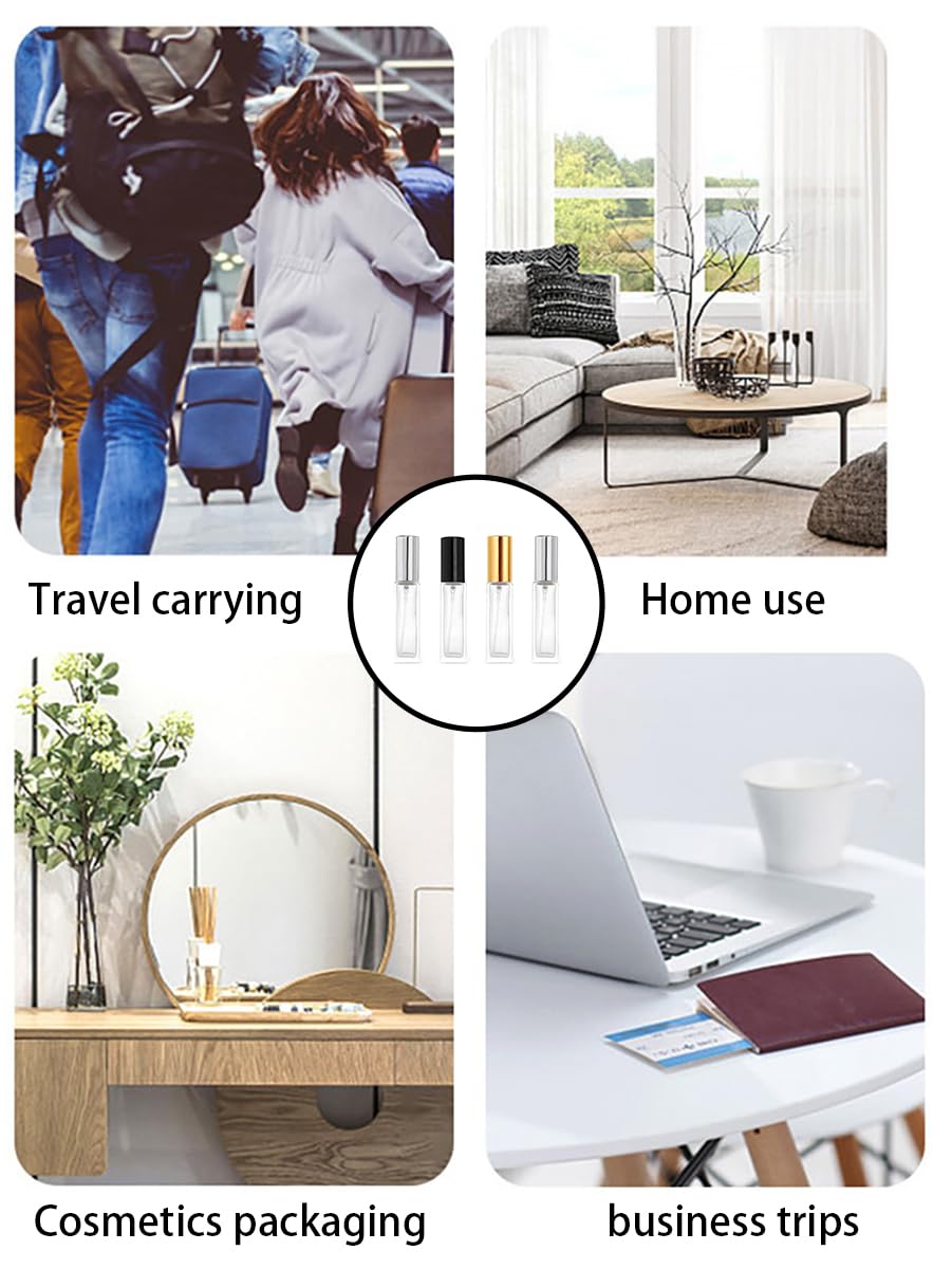 4 Pcs 10ML Transparent Glass Travel Refillable Mini Perfume Bottles Fine Mist Perfume Atomizer, Small Empty Sample Containers,For Perfume, Toner, Lotion(Gold/Sliver/Black Lid)