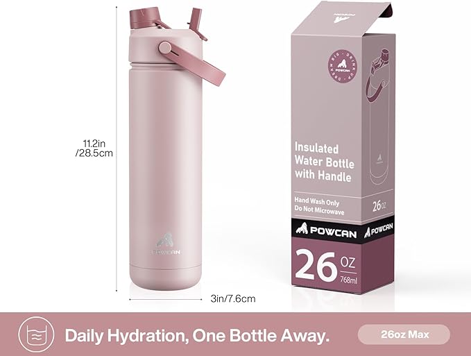 26 oz Insulated Water Bottle with 2-in-1 Straw and Spout Lid, Keep Cold 24H, Leak-Proof, Fits in Car Cup Holder, Stainless Steel Water Bottle for Sports, Travel, Gym, and School (Dried Rose)