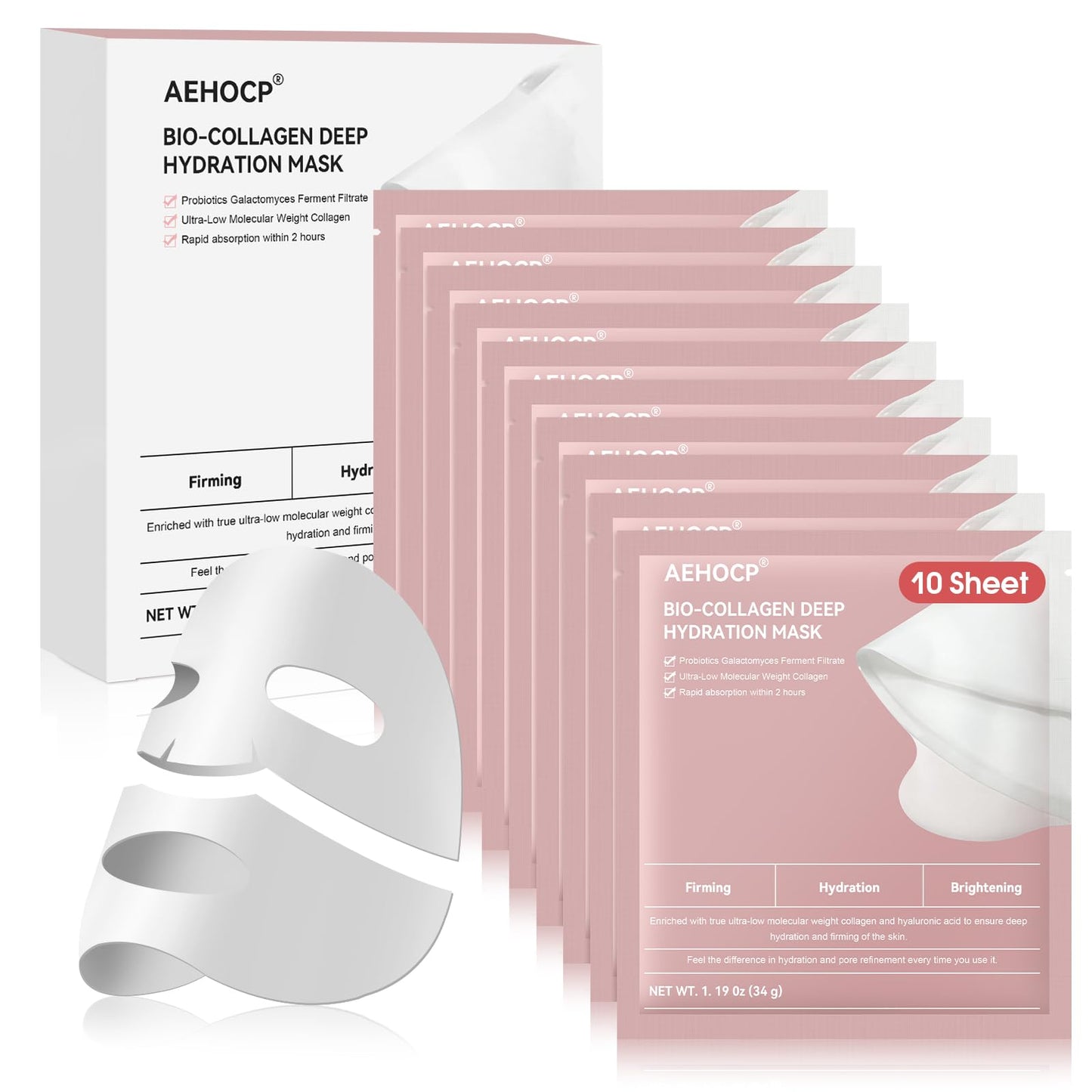 Aehocp Bio-Collagen Face Mask - Korean Skincare, Women's Facial Treatments & Masks, Deep Hydrating Overnight Mask, Firming & Moisturizing (10-Pack)