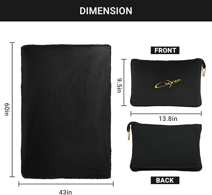 Travel Blanket & Pillow Set, 300 GSM Soft Fleece, 60x43 Inches, 3-in-1 Airplane Blanket, Travel Pillow and Blanket Set, Travel Blanket Airplane Compact with Bag, Travel Essentials, Black
