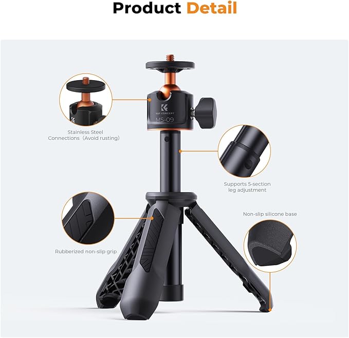 K&F CONCEPT Selfie Stick Tripod, Handheld Tripod Small Camera Tripod Max Load Capacity 4.4lbs/2kg, 1/4" Screw Compatible with Sony A1 II A7 IV ZV-1F Canon EOS R5D DJI OSMO Pocket 3 Gopro MAX2.(Black)