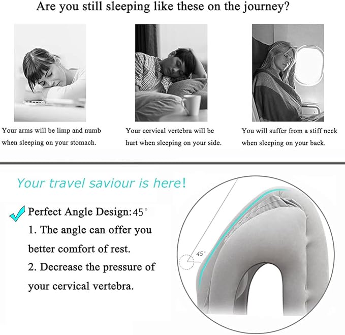 Inflatable Travel Pillow, Airplane Neck Pillow for Sleeping, Supports Head and Chin for Airplanes,Trains,Cars and Office Napping with 3D Eye Mask and Earplugs and Portable Drawstring Bag
