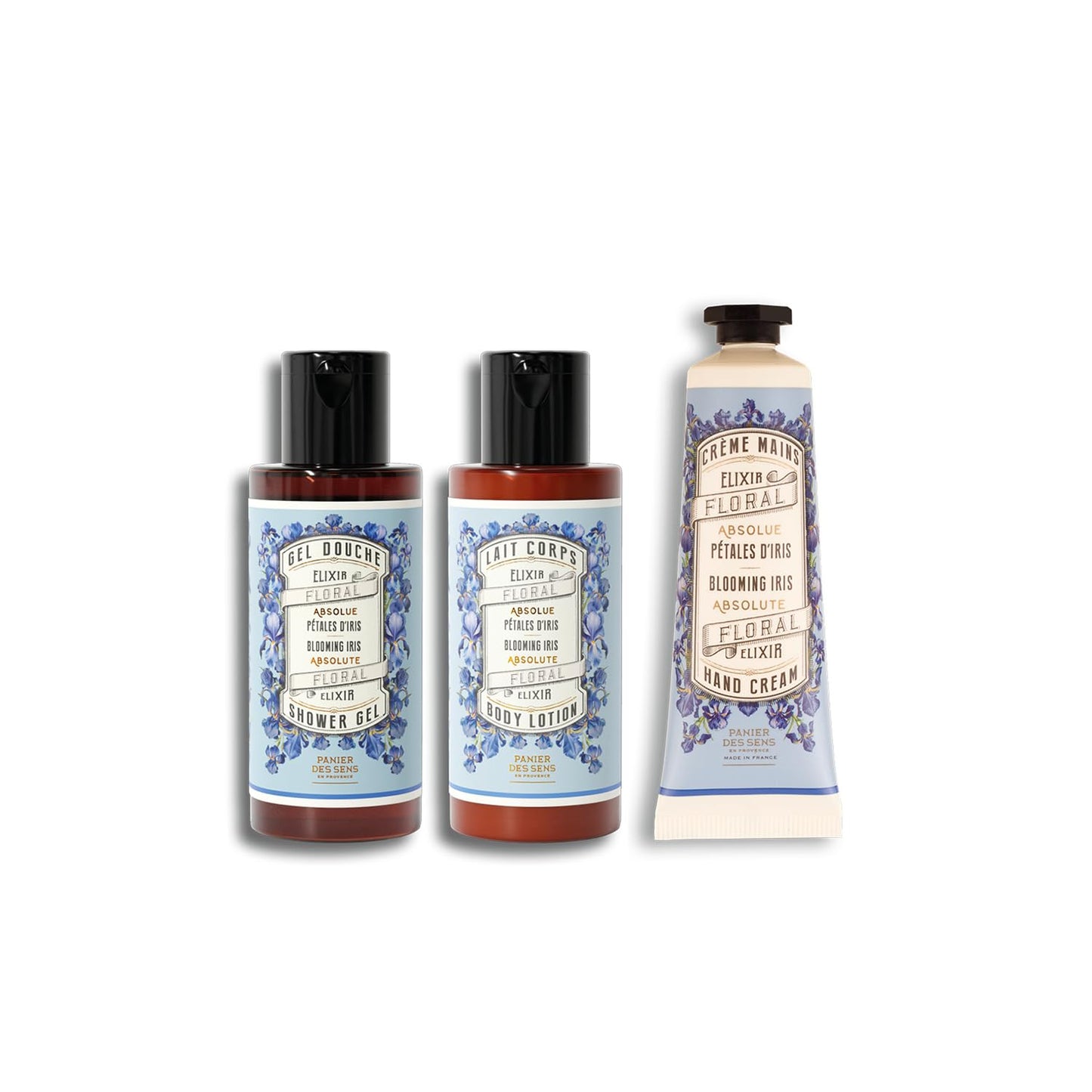 Panier des Sens – Iris Hydrating Set for Women – Body Lotion + Shower Gel + Hand Cream - Travel pouch included - Body Care Kit with 96% Natural Ingredients – Self Care Gifts for women