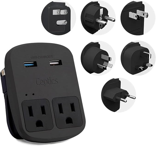 Ceptics World Travel Adapter Kit - QC 3.0 Dual USB + Dual US Outlets, Surge Protection, Perfect For Europe, UK, China, Australia, Japan, Perfect For Laptop, Cell Phones, Cameras - Safe ETL - Black