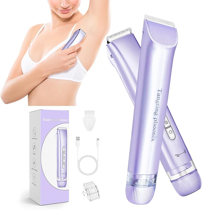2-in-1 Electric Shaver & Bikini Trimmer for Women - Painless Electric Razor for Face,Body & Intimate Areas,Cordless Wet/Dry Shaver with Dual Blades,Waterproof for Shower&Travel (Lavender Purple)