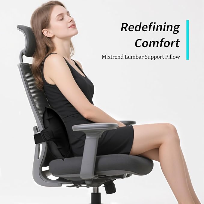 Mixtrend Travel Lumbar Pillow – Inflatable Memory Foam Back Support Pillow for Airplane, Car, Office, Long Flight, Ergonomic Travel Cushion for Lower Back Pain Relief – for Men, Women, Kids, Black